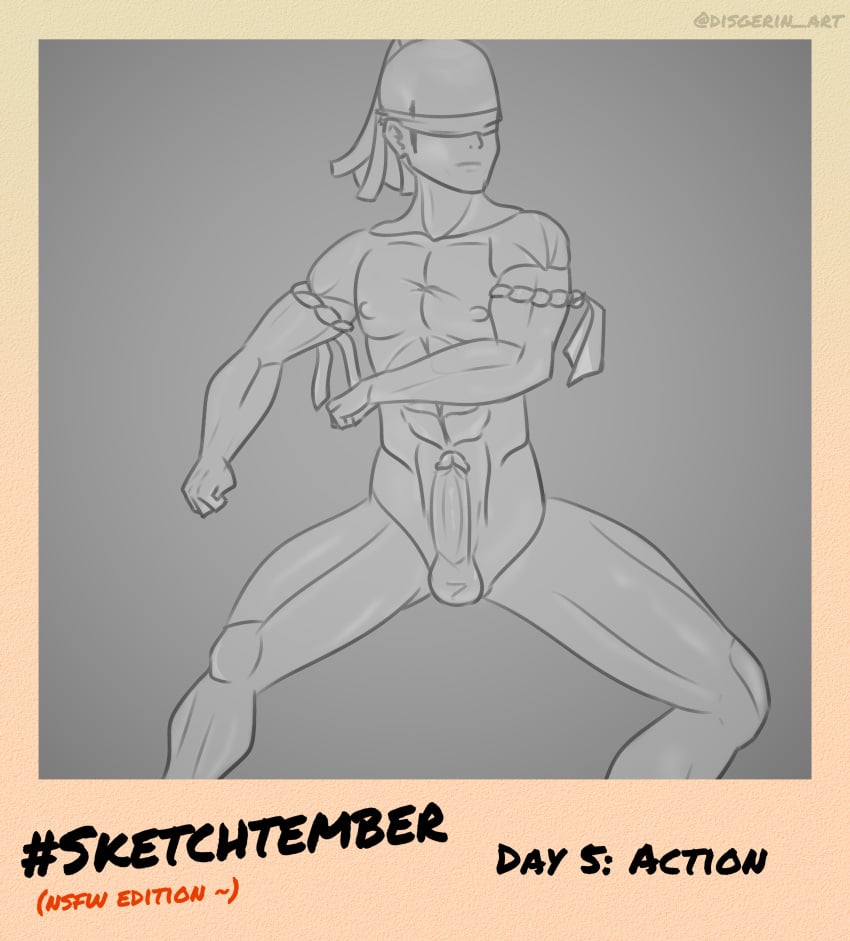 action_pose balls blindfold disgerin erection highres league_of_legends lee_sin male male_only muscles nipples penis sketch solo_male tagme