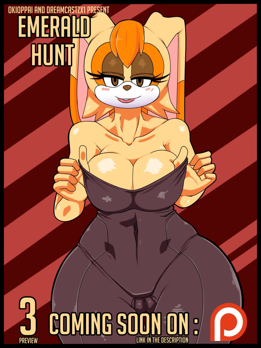 absurd_res anthro big_breasts blush breasts cleavage clothed clothing dreamcastzx1 english_text female furry high_res huge_breasts lagomorph mammal okioppai patreon rabbit sega sonic_(series) text tight_clothing vanilla_the_rabbit