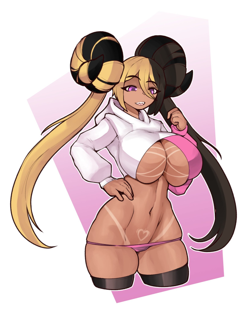 aife_(zanamaoria) big_breasts black_hair blonde_hair cleavage_cutout curled_horns demon demon_girl demon_horns disembodied_leg eyebrow_raise eyebrows_visible_through_hair female female_only hair_on_horn heart_tan highres hoodie hoodie_lift legwear noodledoodles panties_down purple_eyes sharp_teeth side-tie_panties solo solo_female succubus tan_skin tanline thick_thighs thigh_gap thigh_squish two_tone_hair