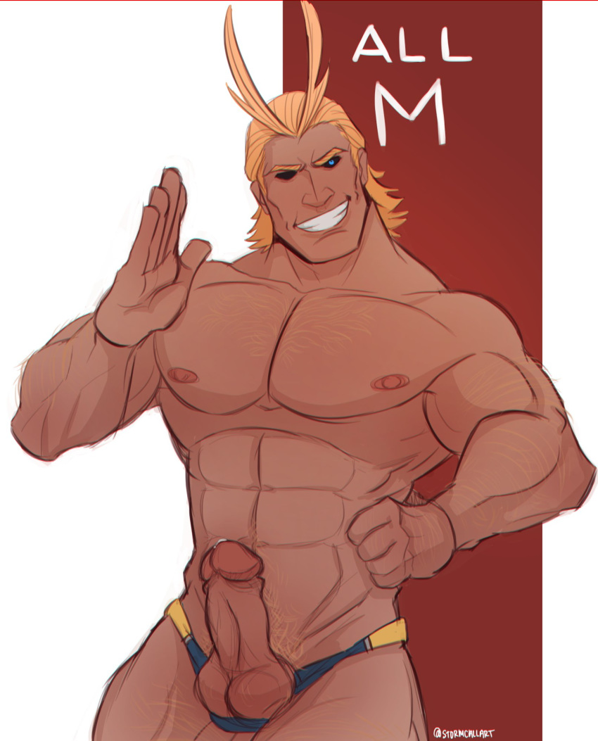 1boy abs all_might antenna_hair bara blonde_hair blue_eyes body_hair briefs chest cowboy_shot erection hair_slicked_back highres male_focus male_only muscle my_hero_academia nipples nude pectorals penis precum short_hair simple_background stormcallart toshinori_yagi uncensored underwear