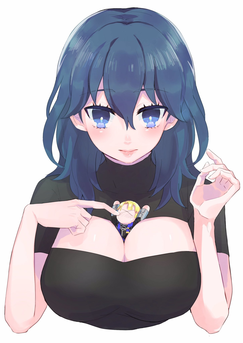 1boy 1girls between_breasts big_breasts byleth_(fire_emblem) byleth_(fire_emblem)_(female) dimitri_alexandre_blaiddyd female female_focus fire_emblem fire_emblem:_three_houses giantess haruteke miniboy size_difference