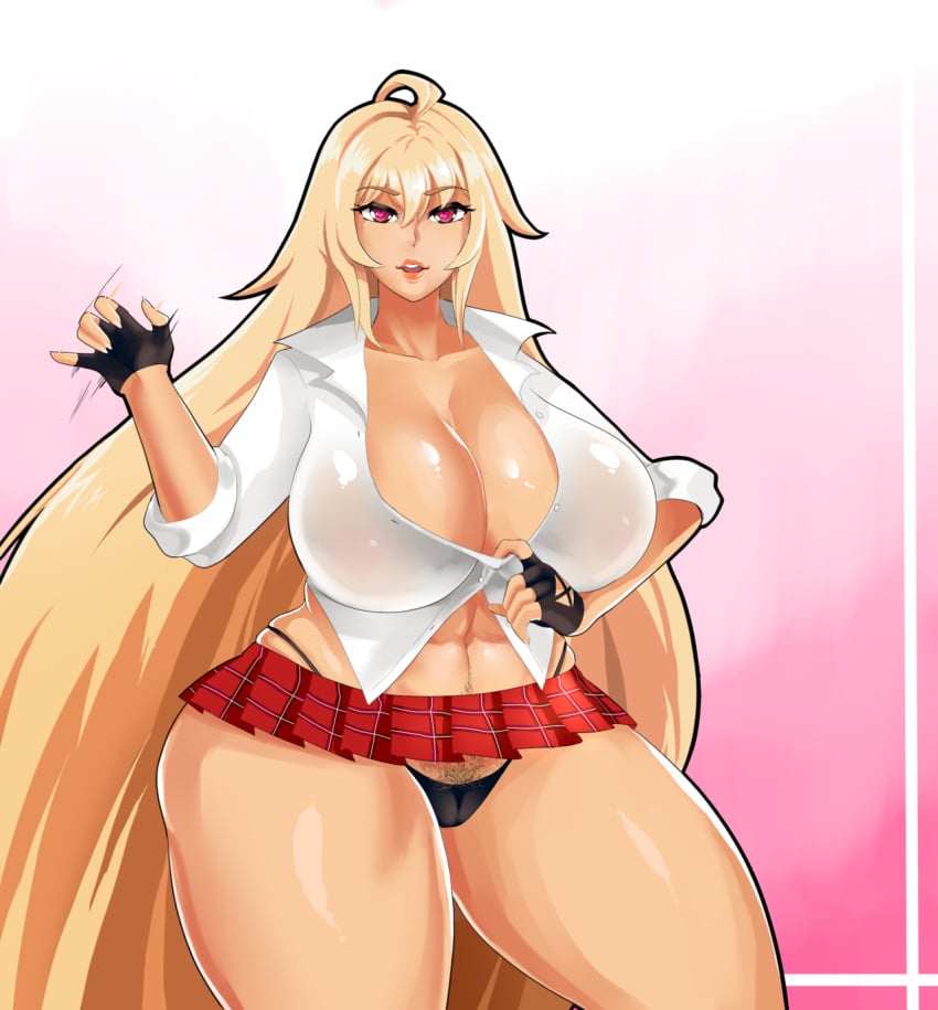 1girls abs ahoge aroused big_breasts black_gloves black_thong black_underwear blonde blonde_hair breasts busty cleavage clothing curvy eyebrows_visible_through_hair eyelashes female female_only fingerless_gloves fit fit_female fully_clothed gloves gyaru hair_between_eyes handjob_gesture happy_trail heart-shaped_pupils highres horny huge_breasts large_breasts lips long_hair looking_at_viewer miniskirt motion_lines muscles muscular muscular_female nails navel open_mouth pleated_skirt pubes pubic_hair_peek red_eyes red_skirt shikishima_mirei shirt simple_background solo standing teeth thick_thighs thong underwear valkyrie_drive valkyrie_drive_-mermaid- venus_body voluptuous white_shirt wide_hips xiceowl