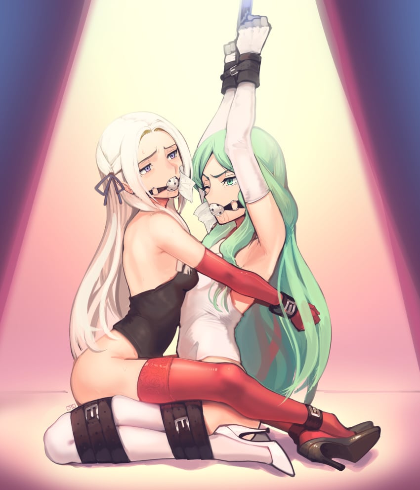 2girls absurdres alternate_breast_size arms_above_head arms_behind_back ball_gag bondage bound cad dildo_gag duo edelgard_von_hresvelg female female_only femsub fire_emblem fire_emblem:_three_houses forced_partners forced_yuri gag helpless highres hugging intelligent_systems kaddo microfoam microfoam_tape multiple_girls multiple_subs nintendo restrained rhea_(fire_emblem) tape tape_gag white_tape yuri