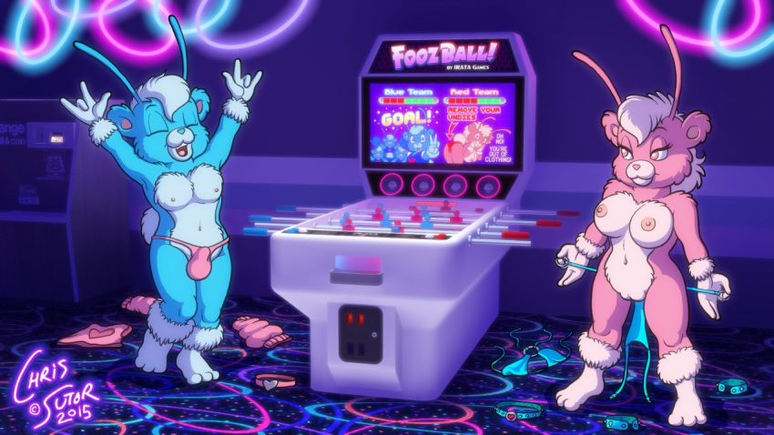 16:9 1boy 1girls anthro arcade arcade_machine areolae arms_above_head ball_bulge balls balls_under_clothes bedroom_eyes bikini bikini_bottom blue_body blue_fur breasts bulge carpet casual_nudity cheerleader_outfit chris_sutor clothing duo erect_nipples exposed_breasts female flaccid foozle fur genitals girly male male_with_female mammal narrowed_eyes neon_lights nipples nude penis penis_bulge penis_under_clothes pink_body pink_fur pleasure_the_foozle public_nudity pussy raised_arm seductive straight stripping_game striptease swimwear twinkle_the_foozle undressing ursid victory_dance victory_pose video_games widescreen