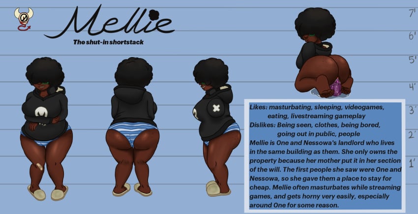 afro big_ass big_breasts character_name character_profile character_sheet chubby dark-skinned_female dark_skin dildo dildo_in_pussy dildo_sitting headphones hidden_eyes masturbation mellie_(only0neman) only0neman pussy_juice reference_sheet shortstack tagme turnaround wet_pussy