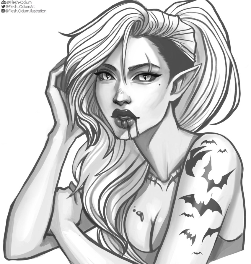 black_sclera blood cassandra_(hurleysart) cleavage flesh-amare long_hair looking_at_viewer pointy_ears tattoo