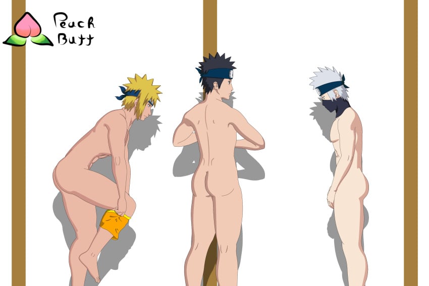 3boys age_difference ass barefoot black_eyes black_hair blonde_hair blue_eyes feet forehead_protector gay grey_hair hatake_kakashi headband leg_lift leg_up male male_only mask naked namikaze_minato naruto naruto_(series) naruto_shippuden nude nude_male older_male older_man_and_younger_boy pale-skinned_male pale_skin peachbutt pose posing standing standing_on_one_leg teacher_and_student toes uchiha_obito uncensored undressing yaoi younger_male