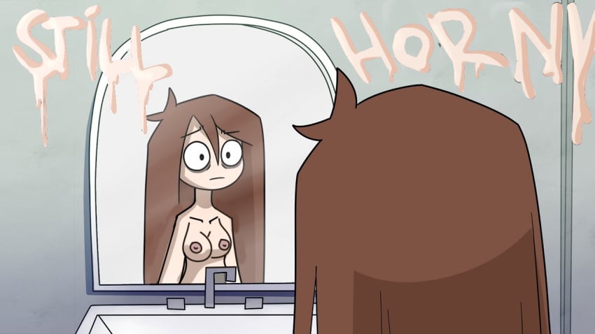 bags_under_eyes bathroom breasts brown_hair cartoony completely_nude english_text light_skin light_skinned_female mirror naked naked_female nude nude_female puberty sad shannon_gurr shgurr shocked shocked_expression shocked_eyes somebodyendme18 teenager text_bubble uncensored youtube youtuber