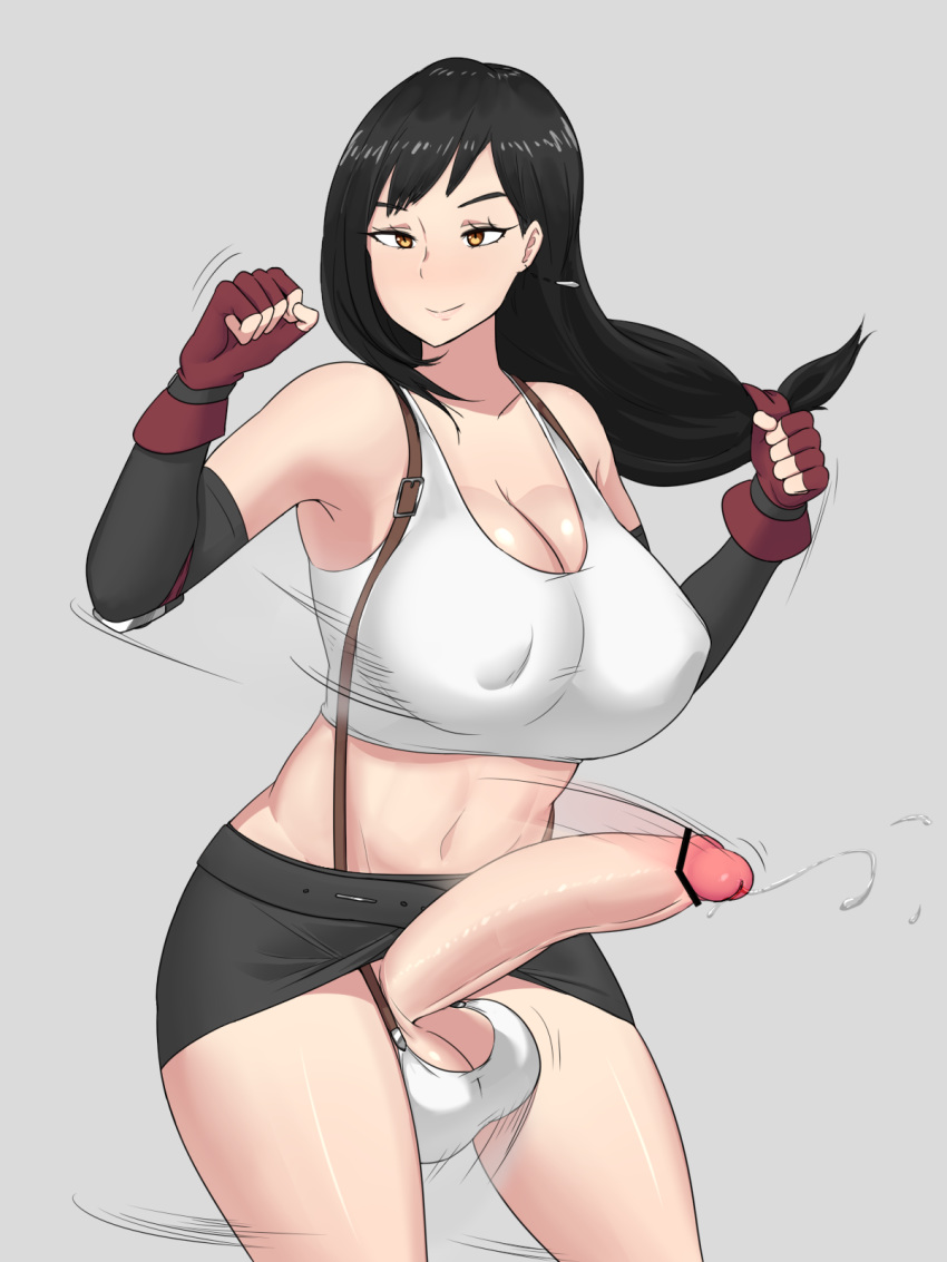 1futa ball_bra bar_censor bare_shoulders belt black_hair black_skirt breasts brown_eyes censored cleavage clenched_hand closed_mouth commentary_request covered_nipples dickgirl earrings erection final_fantasy final_fantasy_vii fingerless_gloves futanari gloves grey_background hidoracon highres jewelry large_breasts large_penis large_testicles long_hair looking_at_viewer low-tied_long_hair midriff motion_lines navel penis precum red_gloves simple_background skirt smile solo_futa speed_lines standing suspenders tank_top testicles thighs tifa_lockhart white_tank_top