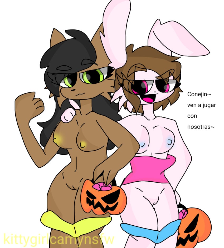 2021 2girls anthro black_hair brown_hair bunny canine fur furry green_eyes halloween jenny_(cowboy_creeper225) kittygirlcamy kittygirlcamynsfw lizzy_(cowboy_creeper225) long_hair medium_breasts pink_eyes rabbit short_hair spanish_text youtube yuri