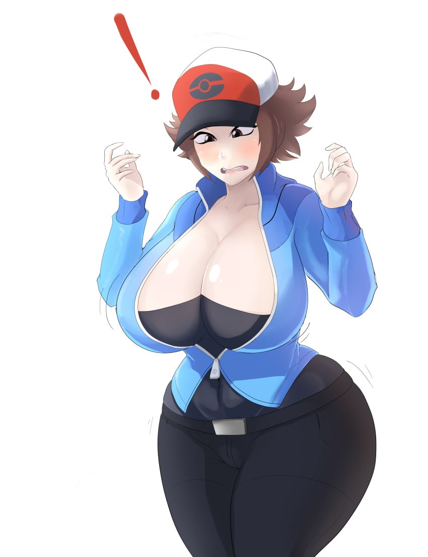 ! 1boy big_breasts black_pants blue_jacket breasts brown_eyes brown_hair bulge busty cap cleavage clothing curvy eyelashes fully_clothed highres hilbert_(pokemon) huge_breasts human jacket large_breasts long_sleeves looking_down male male_breast_expansion male_only male_with_breasts navel nintendo open_mouth pants pokemon pokemon_bw rule_63 sexually_suggestive short_hair solo standing surprised teeth thick_thighs tongue voluptuous white_background wide_hips xiceowl