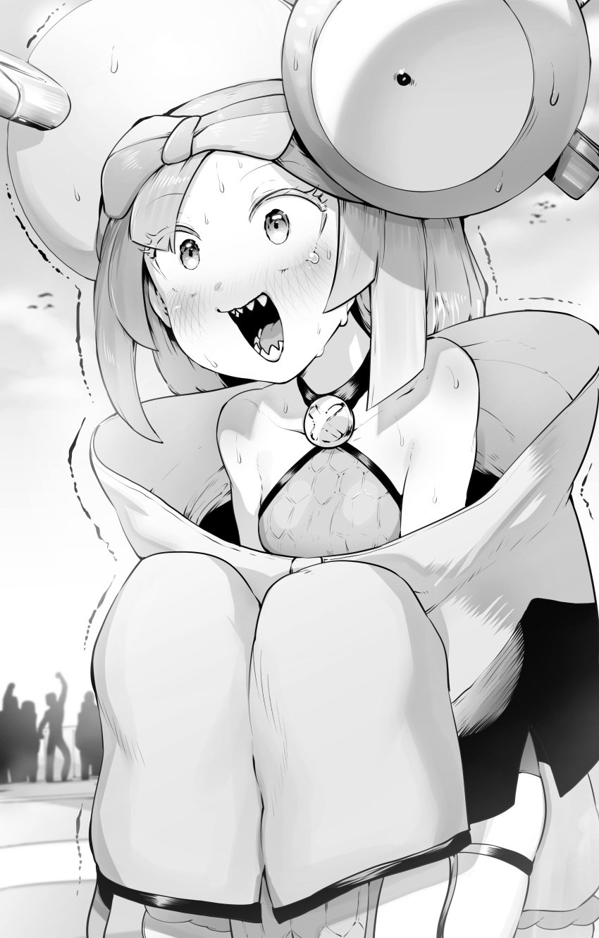 1girls bare_shoulders blush breasts female greyscale hi_res iono_(pokemon) jacket nintendo niwarhythm open_mouth oversized_clothes pokemon pokemon_sv sharp_teeth shocked shocked_expression small_breasts sweat wide_eyed