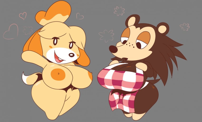 animal_crossing anthro apron ass big_breasts big_butt blush breasts canid canine canis clothed clothing domestic_dog duo female freckles fur grey_background hair hand_on_breast hedgehog howlingmadfoxhatter huge_breasts huge_butt isabelle_(animal_crossing) looking_at_viewer mammal naked_apron nintendo nipples nude open_mouth sable_able shih_tzu shortstack simple_background smile standing teeth thick_thighs tongue video_games waving wide_hips yellow_body yellow_fur