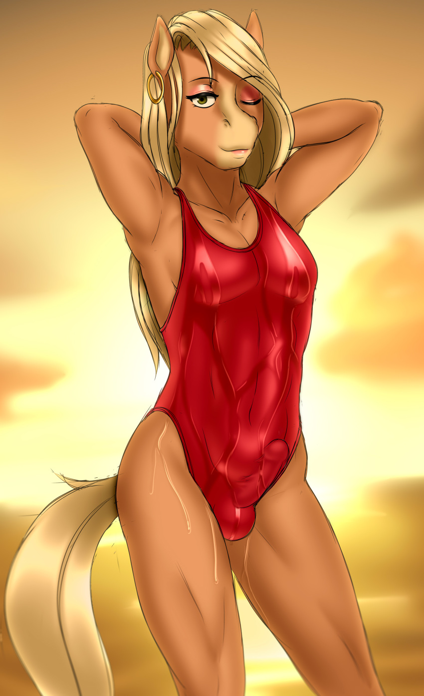 2020 absurd_res anthro biped blonde_hair brown_body brown_fur buffbumblebee bulge clothed clothing crossdressing ear_piercing ear_ring equid equine erection eyebrows eyelashes front_view fur girly hair hi_res horse humanoid_genitalia long_hair looking_at_viewer makeup male mammal one-piece_swimsuit outside piercing seaside smile solo standing swimwear tight_clothing water wet wet_clothing