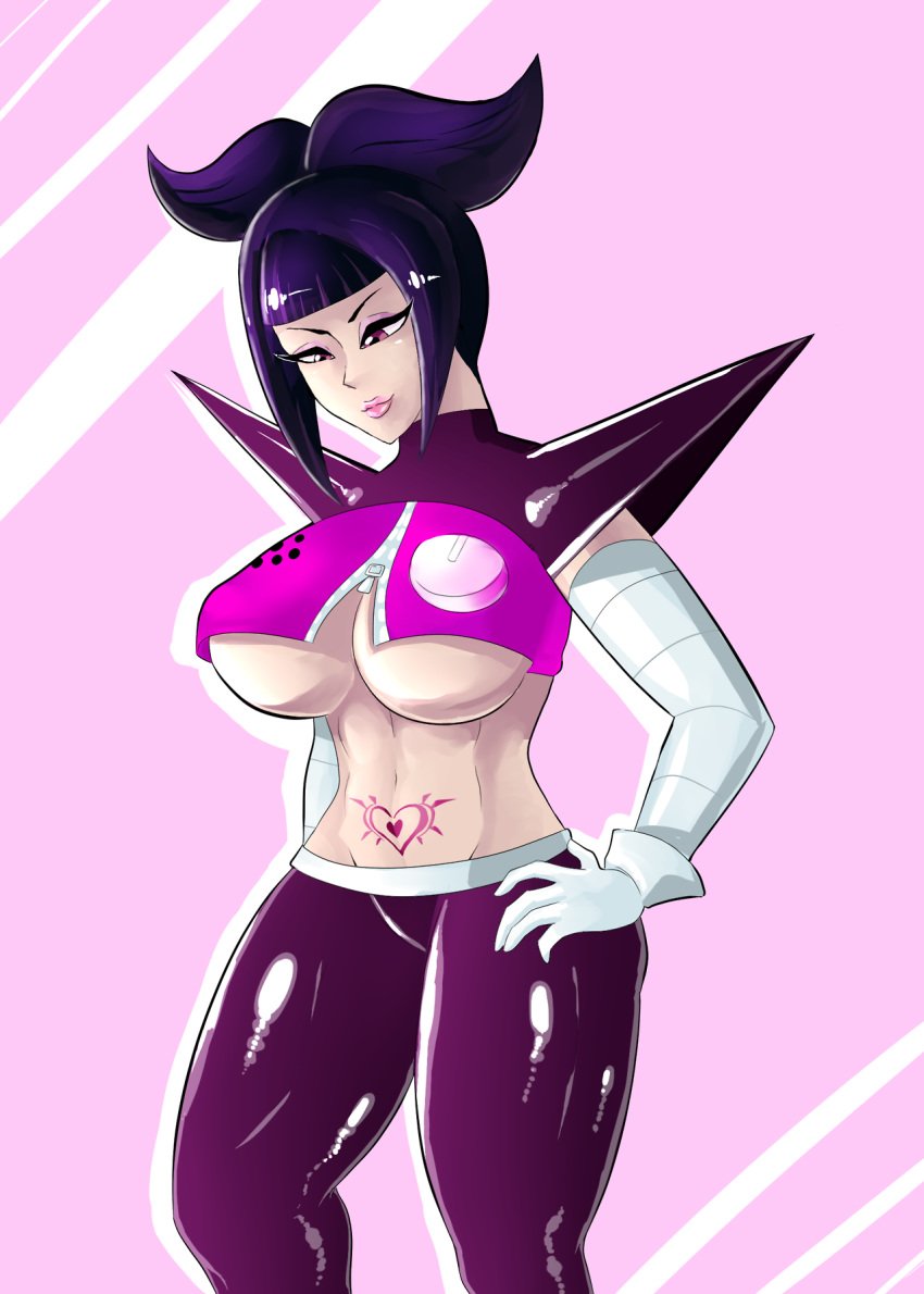 1girls big_breasts breasts busty capcom cleavage clothing cosplay crossover curvy eyelashes female female_only fully_clothed gloves highres huge_breasts juri_han large_breasts lips looking_down mettaton_(cosplay) navel pale-skinned_female pale_skin pink_background pubic_tattoo purple_eyes purple_hair smile smiling solo standing street_fighter street_fighter_iv tattoo thick_thighs twintails underboob undertale voluptuous white_gloves wide_hips xiceowl