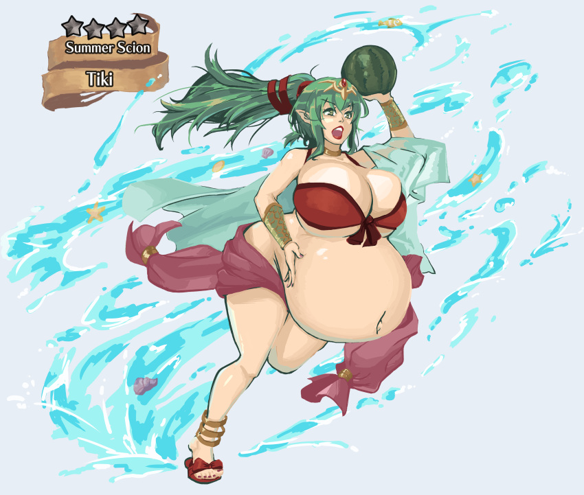 belly_button belly_expansion big_belly big_breasts bikini bikini_top blue_background breast_expansion breasts cleavage eyebrows_visible_through_hair female fire_emblem fire_emblem_awakening fire_emblem_heroes green_eyes green_hair huge_belly large_breasts nintendo open_mouth pregnant ready_to_pop red_footwear sandals swimsuit tiki_(adult)_(fire_emblem) tiki_(adult)_(summer)_(fire_emblem) tiki_(fire_emblem) water watermelon xcel-zero