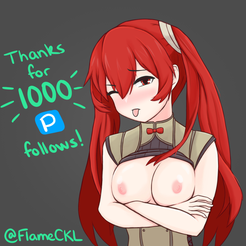 1girls big_breasts blush breasts breasts_out female fire_emblem fire_emblem_awakening flameckl nintendo nipples one_eye_closed red_eyes red_hair severa_(fire_emblem) sticking_out_tongue tongue tongue_out twintails wink