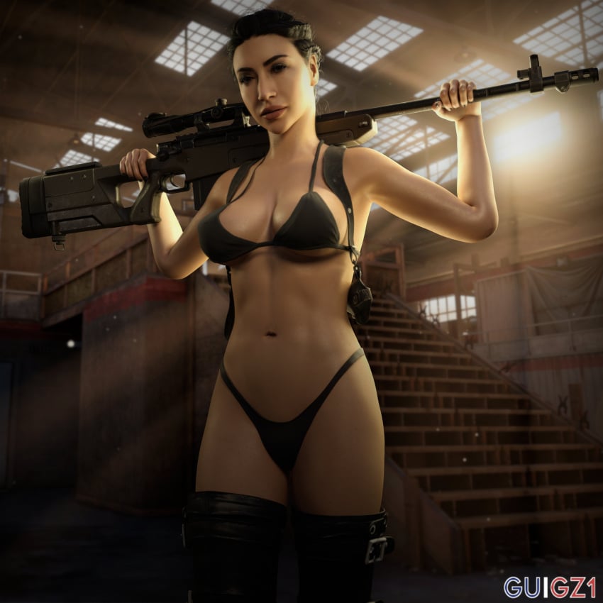 1girls abs bikini black_hair braided_hair breasts call_of_duty detailed_background guigz1 gun half-dressed holster looking_at_viewer modern_warfare nail_polish roze_(cod) solo_female