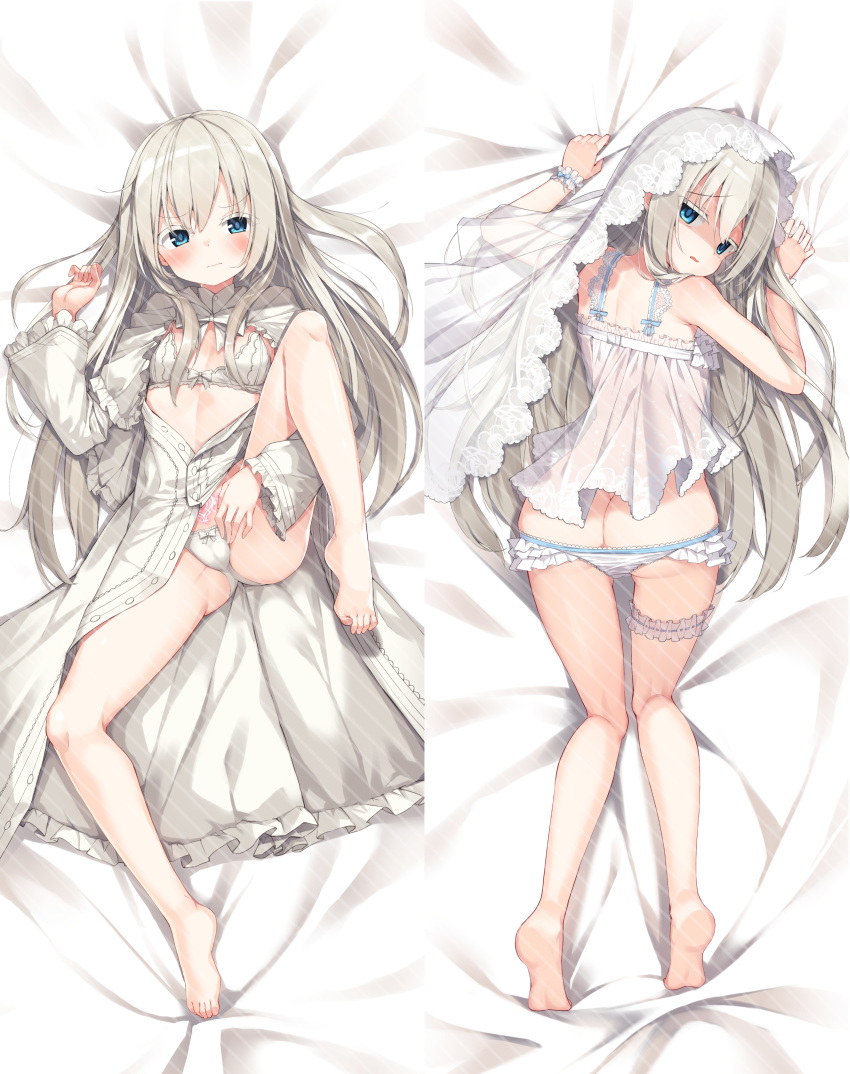 dakimakura darnell grabbing_sheets lingerie looking_back nervous on_back on_stomach pantsu spread_legs tagme tattoo white_hair young