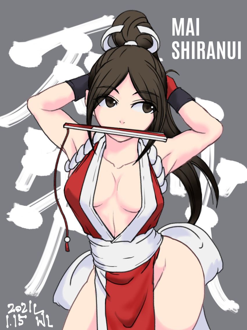 1girls armpits arms_behind_head big_breasts breasts brown_eyes brown_hair busty child_bearing_hips cleavage fatal_fury female female_only hand_fan highres king_of_fighters large_breasts long_hair mai_shiranui mouth_hold ponytail pose posing sensual sexy_armpits shihu_zou snk solo thick_thighs thighs voluptuous wide_hips