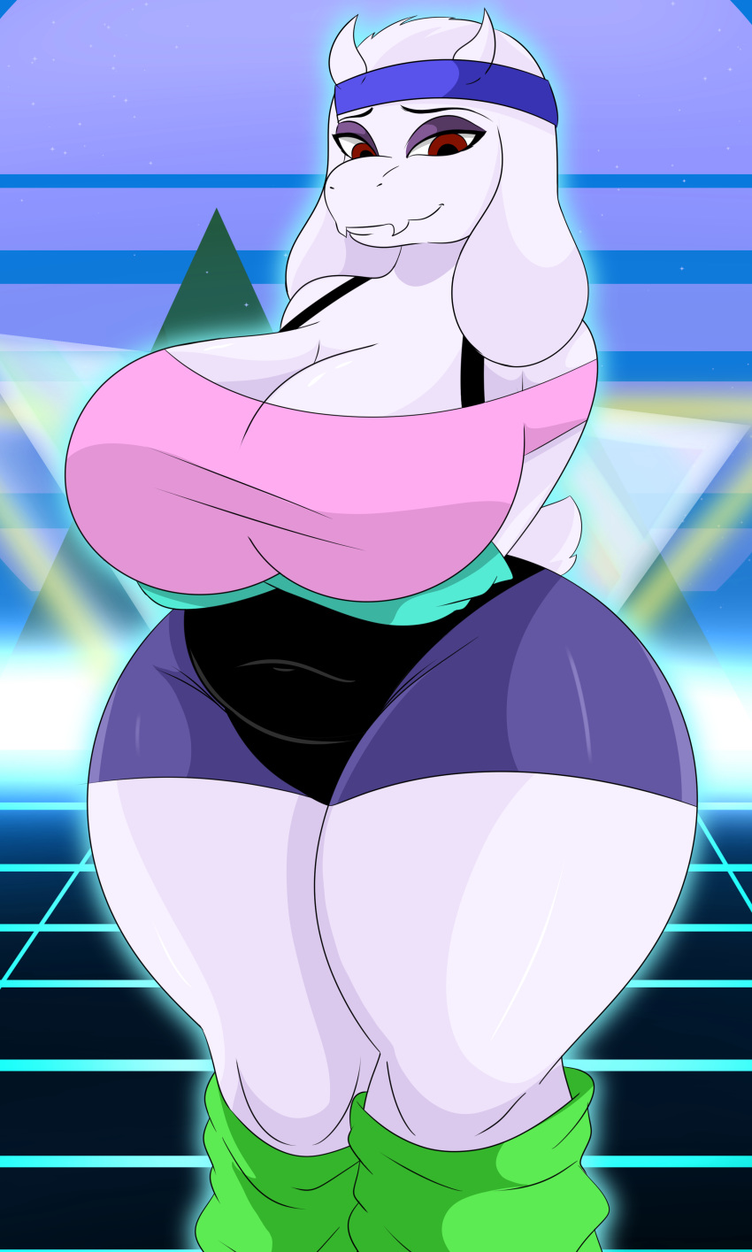 1girls 2020 80's_theme absurd_res big_breasts boss_monster bovid breasts caprine cleavage clothed clothing curvy_figure fat female floppy_ears fur hi_res huge_breasts lidded_eyes long_ears mammal mature_female neon_grid overweight red_eyes smile solo sonson-sensei sweatband synthwave thick_thighs toriel undertale vaporwave video_games voluptuous white_body white_fur wide_hips workout_clothes