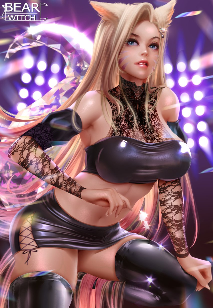 ahri bearwitch blonde_hair blue_eyes k/da_all_out_ahri k/da_all_out_series k/da_series league_of_legends riot_games the_baddest_ahri