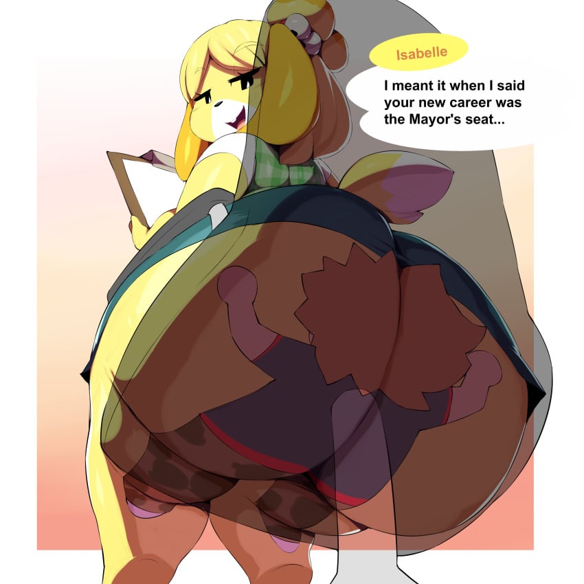 1:1 1boy 1girls 2020 absurd_res animal_crossing anthro ass big_butt bottomless bottomless_skirt bottomwear brown_hair bubble_butt butt_crush canid canine canis clothed clothing domestic_dog english_text facesitting female femdom flattened fur hair hi_res huge_butt huge_thighs human isabelle_(animal_crossing) looking_back low-angle_view male mammal nintendo pants short simple_background size_difference skirt smothering stuck_to_ass text thick_thighs thighs trinity-fate62 upskirt video_games wide_hips yellow_body yellow_fur