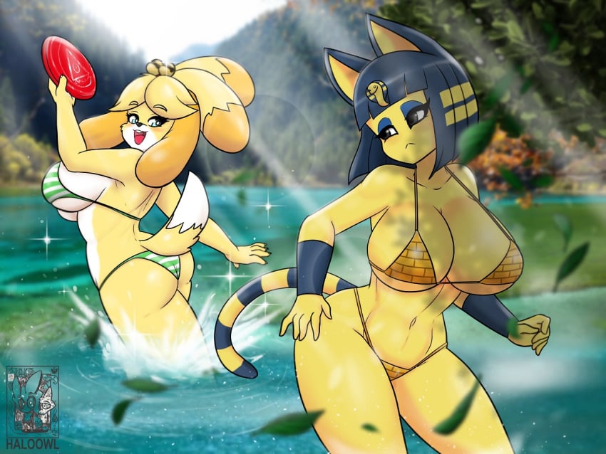 2019 alternate_body_type alternate_breast_size animal_crossing ankha anthro ass big_breasts big_butt bikini blue_eyes blush breasts canid canine canis clothed clothing domestic_cat domestic_dog duo egyptian felid feline felis female frisbee fur grey_eyes hair haloowl holding_object isabelle_(animal_crossing) lake light looking_back mammal nintendo open_mouth outside shih_tzu sunlight swimwear teeth thick_thighs tongue toy_dog tree video_games wide_hips yellow_body yellow_fur