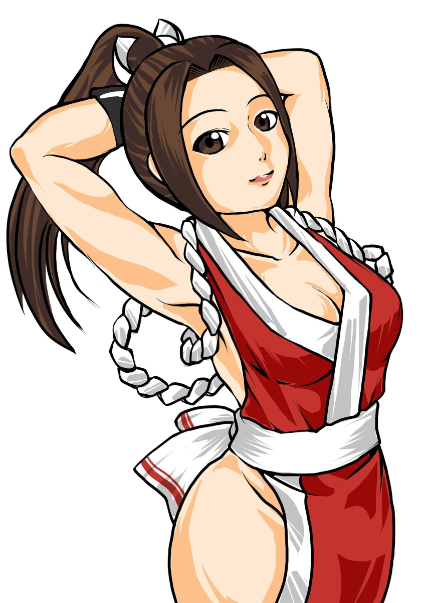 1girls armpits arms_behind_head big_breasts breasts brown_eyes brown_hair busty cleavage fatal_fury female female_only highres king_of_fighters large_breasts legs long_hair looking_at_viewer mai_shiranui ponytail pose posing sensual sexy_armpits shihu_zou smile snk solo thick_thighs thighs voluptuous