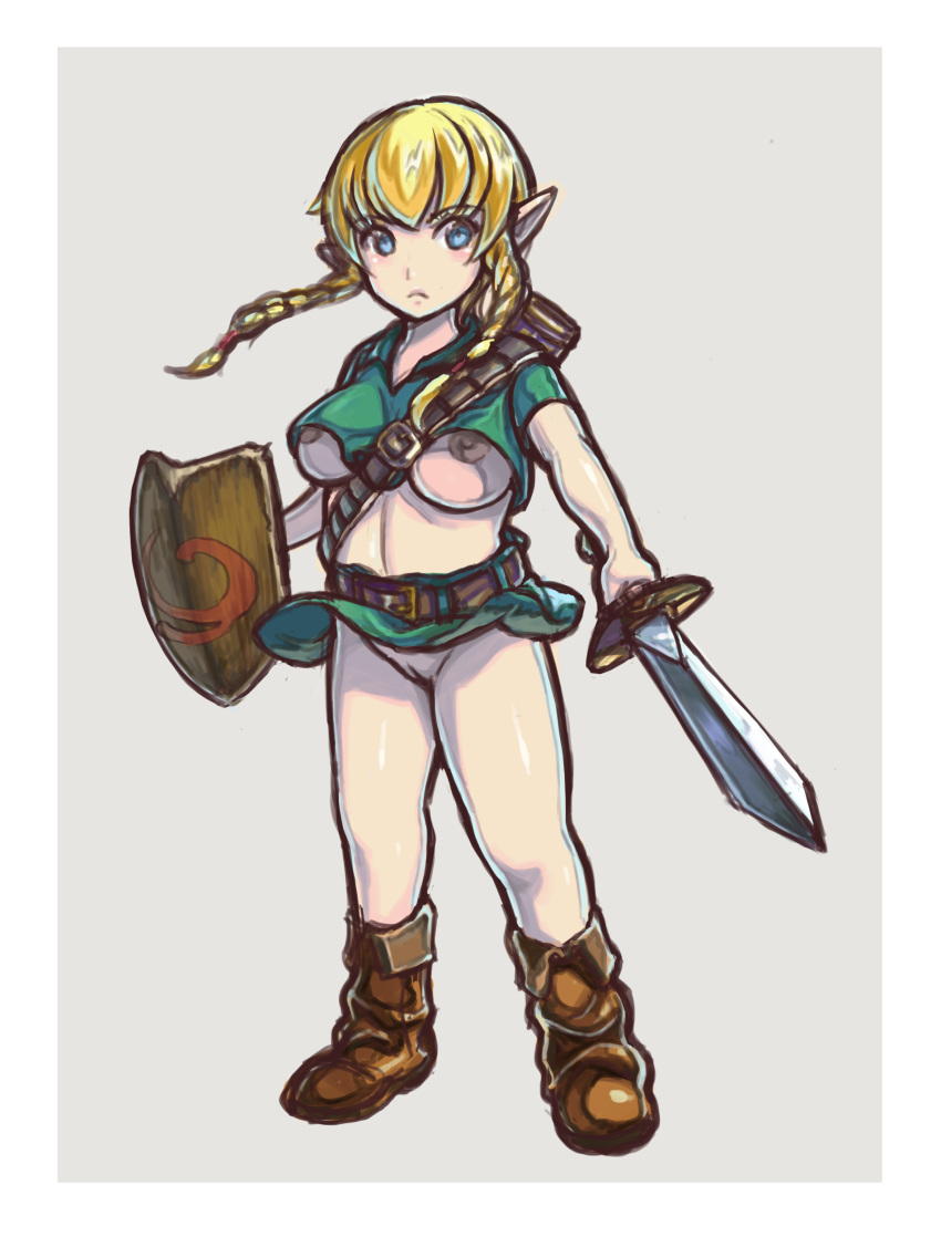 blue_eyes blush boots braid bule casual_exposure clothing eyebrows_visible_through_hair female footwear frown handwear hyrule_warriors large_breasts linkle mostly_nude no_bra no_panties pointy_ears shield skirt solo sword the_legend_of_zelda twin_braids underboob upskirt weapon