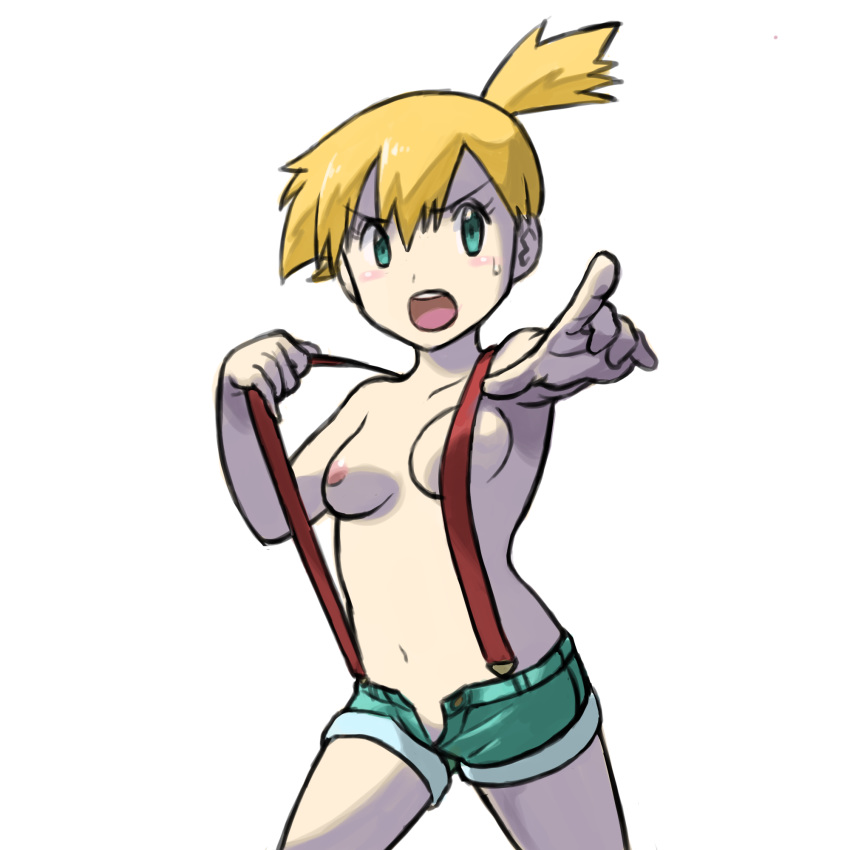 1girls blush breasts bule casual embarrassed exposed eyelashes female female_only human kasumi_(pokemon) orange_hair pointing pokemon pokemon_(anime) shorts side_ponytail solo suspenders sweat topless unbuttoned