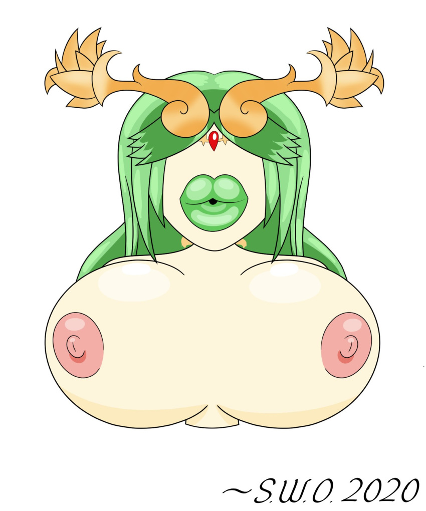 breasts bust_portrait bust_tf female green_hair green_lips green_lipstick inanimate inanimate_transformation kid_icarus looking_at_viewer nintendo nipples no_eyes objectification palutena statue super_weird_one tagme transformation white_dress