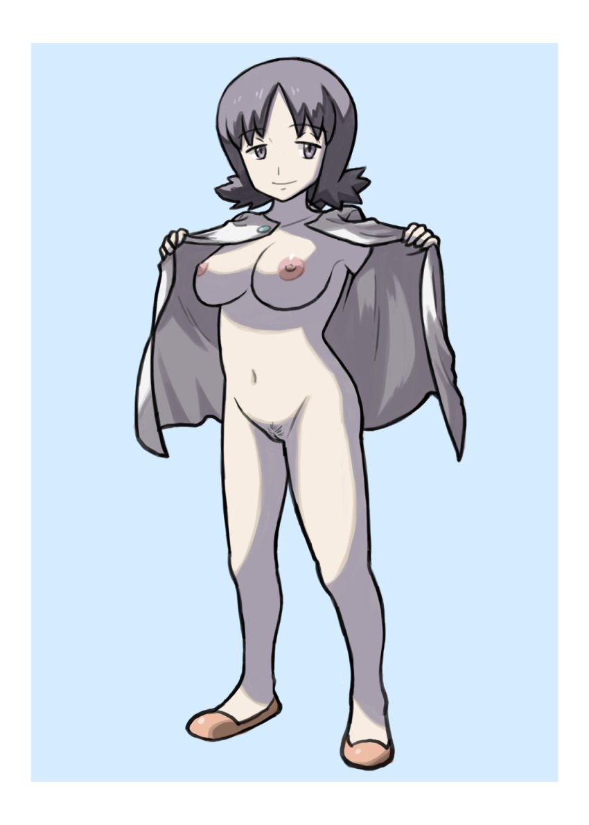 1girls 2016 breasts brown_eyes bule curvaceous exhibitionism eyebrows_visible_through_hair female grey_eyes grey_hair human labcoat large_breasts nintendo open_clothes pale-skinned_female pale_skin philena_ivy pokemon pokemon_professor pokemon_rgby pubic_hair purple_hair short_hair slippers smile solo