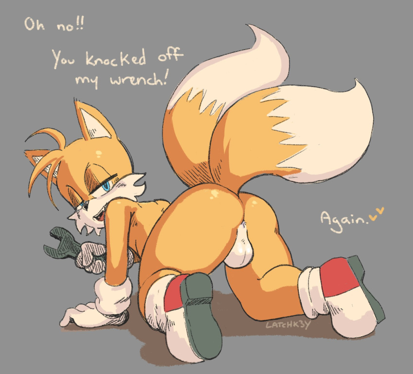 2020 2_tails all_fours anthro ass backsack balls blue_eyes bottomless canid canine clothing dialogue dipstick_tail english_text footwear fox fur genitals gloves grey_background half-closed_eyes handwear hatching_(art) heart hi_res holding_object holding_tool holding_wrench latchk3y looking_back male male_only mammal mostly_nude multi_tail multicolored_body multicolored_fur multicolored_tail narrowed_eyes raised_tail shoes simple_background solo sonic_(series) sonic_the_hedgehog_(series) tails text tools two_tone_body two_tone_fur white_balls white_body white_fur wrench yellow_body yellow_fur