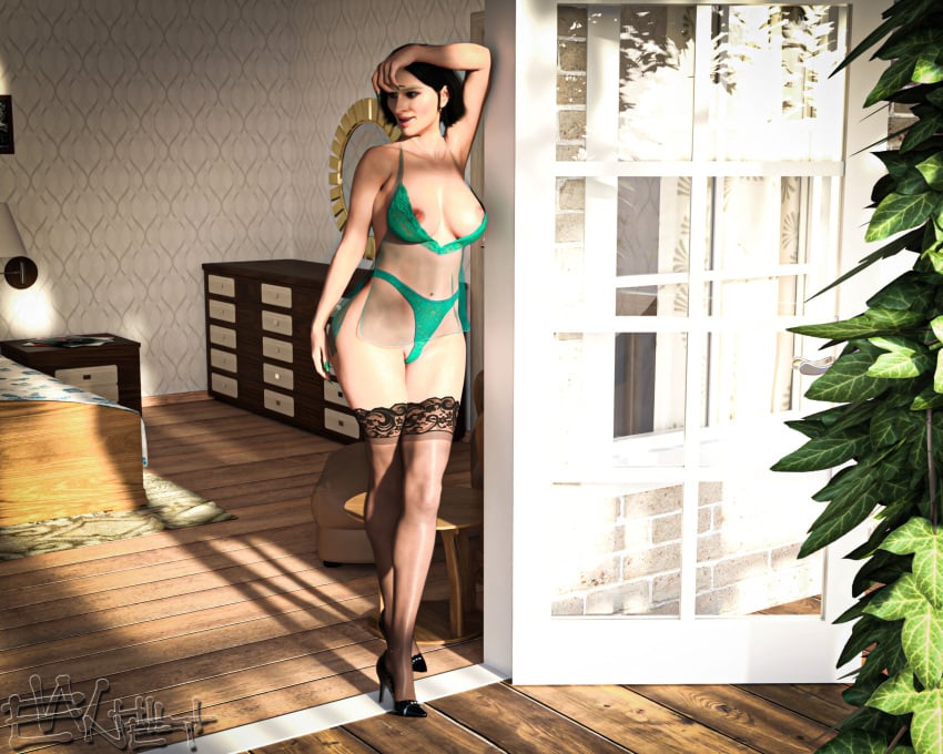 1girls 2022 3d black_hair black_high_heels bra bra_down doorway enetwhili2 female female_only green_bra green_lingerie green_panties high_heels in_doorway indoors large_breasts lingerie mature mature_female milf panties short_hair solo solo_female