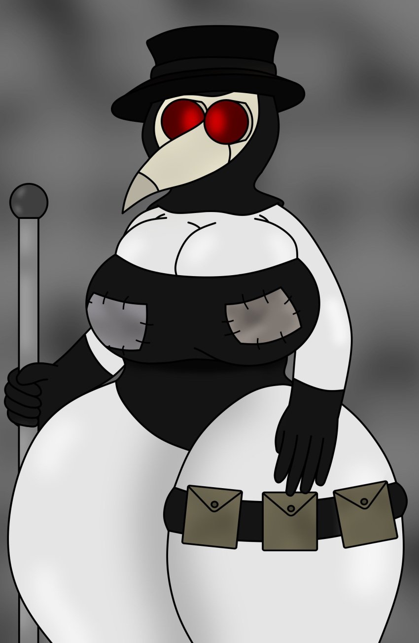 big_breasts bottom_heavy cleavage_overflow gloves leg_strap mask plague_doctor red_eyes staff tagme terebision thick_thighs top_hat