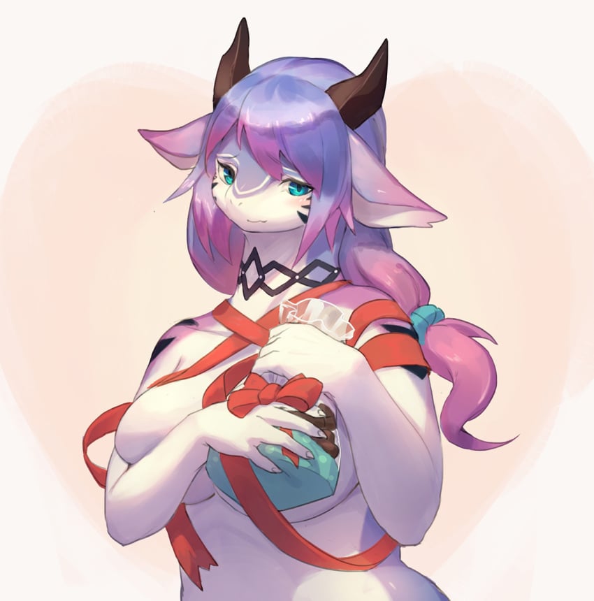 accessory anthro big_breasts black_stripes blue_eyes blush breasts choker claws countershading covering covering_self digital_media_(artwork) dragon female gift hair hair_accessory half-length_portrait hi_res holding_gift holding_object horn huge_breasts jewelry kemono lanya_(lcshian) lcshian long_hair looking_at_viewer mostly_nude multicolored_body multicolored_scales necklace non-mammal_breasts ponytail portrait purple_body purple_hair purple_scales ribbons scales scalie simple_background solo standing stripes two_tone_body two_tone_scales white_background white_body white_countershading white_scales wholesome wingless_dragon