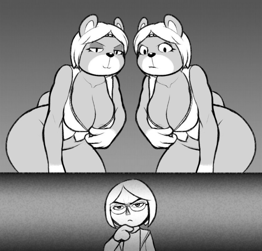 2018 ambiguous_gender animal_crossing anthro big_breasts bottomless breasts cleavage clothed clothing dakkpasserida eyewear female fur glasses group hair hi_res human leaning leaning_forward mammal monochrome nintendo paula_(animal_crossing) shirt simple_background smile square_crossover thinking topwear unzipped unzipping ursid video_games villager_(animal_crossing)