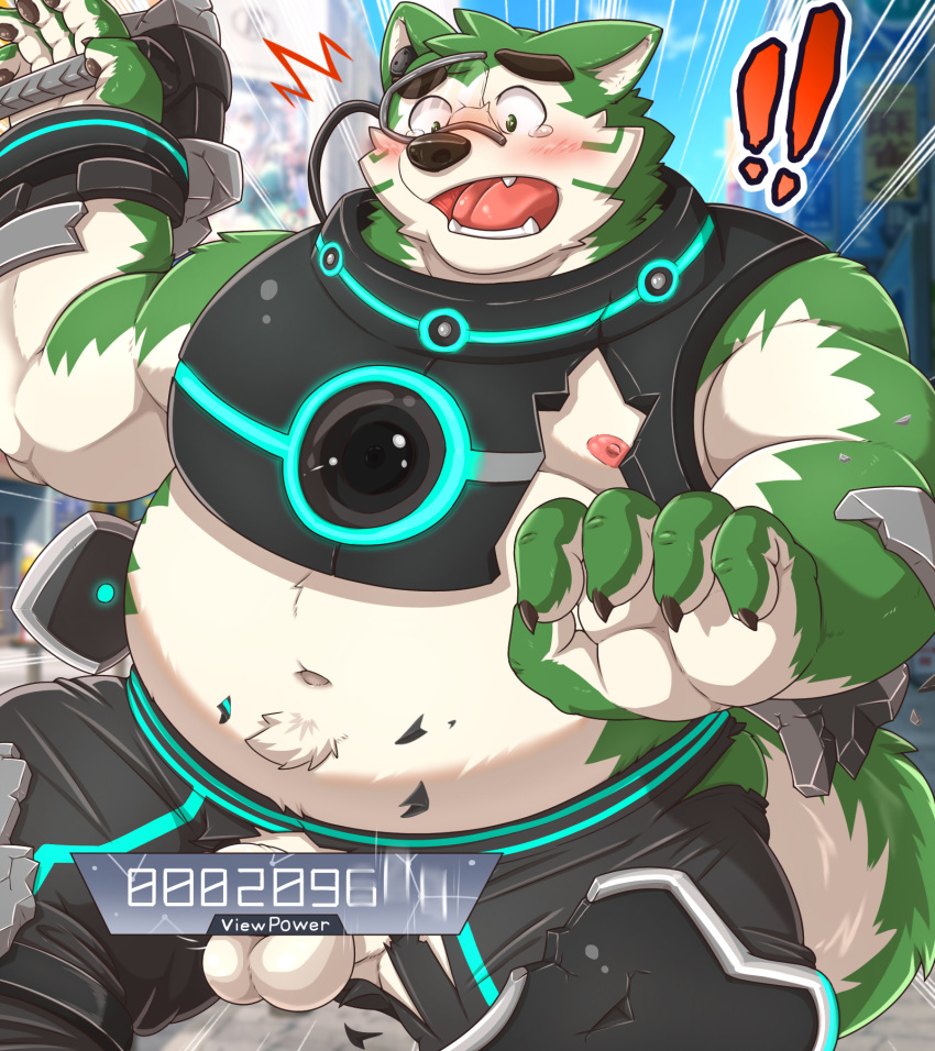 ! 2020 anthro balls belly blush bottomwear canid canine canis clothing domestic_dog fur gapao genitals green_body green_fur hi_res humanoid_hands kemono live-a-hero male male_only mammal mokdai_(live_a_hero) moobs nipples overweight overweight_anthro overweight_male pants penis solo video_games