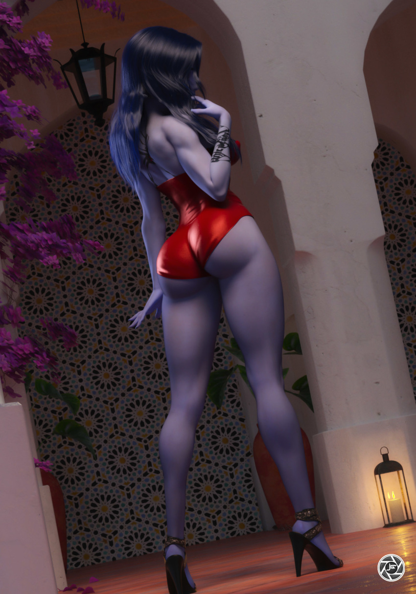 1girls 3d ass back_view big_ass big_butt blizzard_entertainment bubble_butt butt dat_ass dress female female_only fully_clothed high_heels long_hair nail_polish noahgraphicz overwatch solo swimsuit tease teasing widowmaker