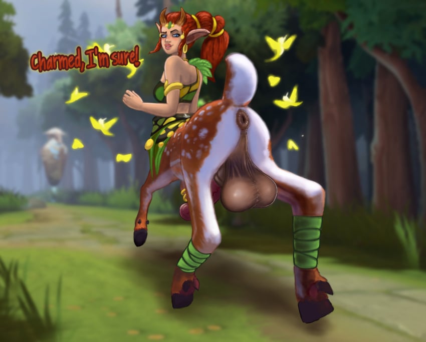 1dickgirl 2021 aiushtha_the_enchantress animal_genitalia animal_penis anus ass balls big_balls big_penis deer deer_taur detailed_background dialogue dickgirl dota english_text equine_genitalia equine_penis forest forest_background futa_sans_pussy futanari genitals gynomorph hooves horn huge_balls humanoid_pointy_ears intersex kultist looking_back mammal mammal_taur nature nature_background penis perineum plant pointy_ears rear_view solo taur text tree valve