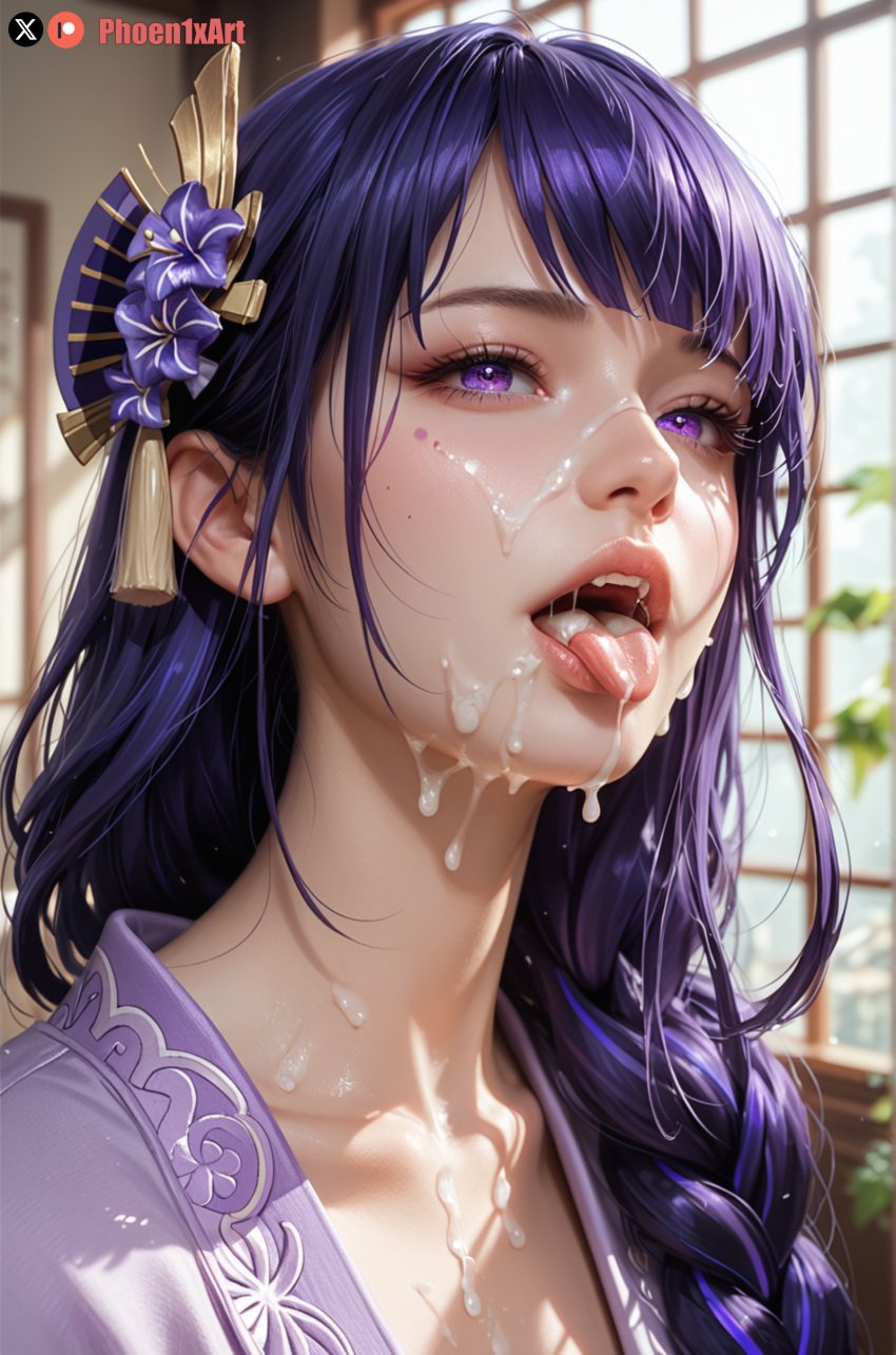 after_fellatio ai_generated cum cum_drip cum_in_mouth cum_on_face cumshot dripping face_closeup face_focus female focus genshin_impact looking_at_viewer purple_eyes purple_hair raiden_shogun solo tongue tongue_out