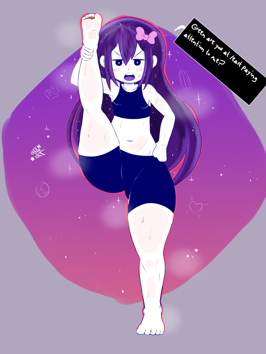 aged_up angry armpits aubrey_(headspace) aubrey_(omori) bowtie feet feet_up greenstar gym_uniform omori purple_hair shorts simple_background small_breasts steam steamy sweat sweaty text text_box thick_thighs wide_hips