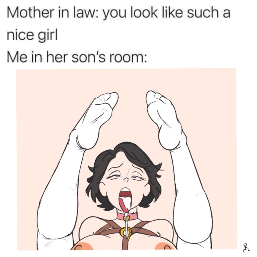 covering_breasts cum cum_in_mouth half_nude leg_up meme socks spit spread_legs