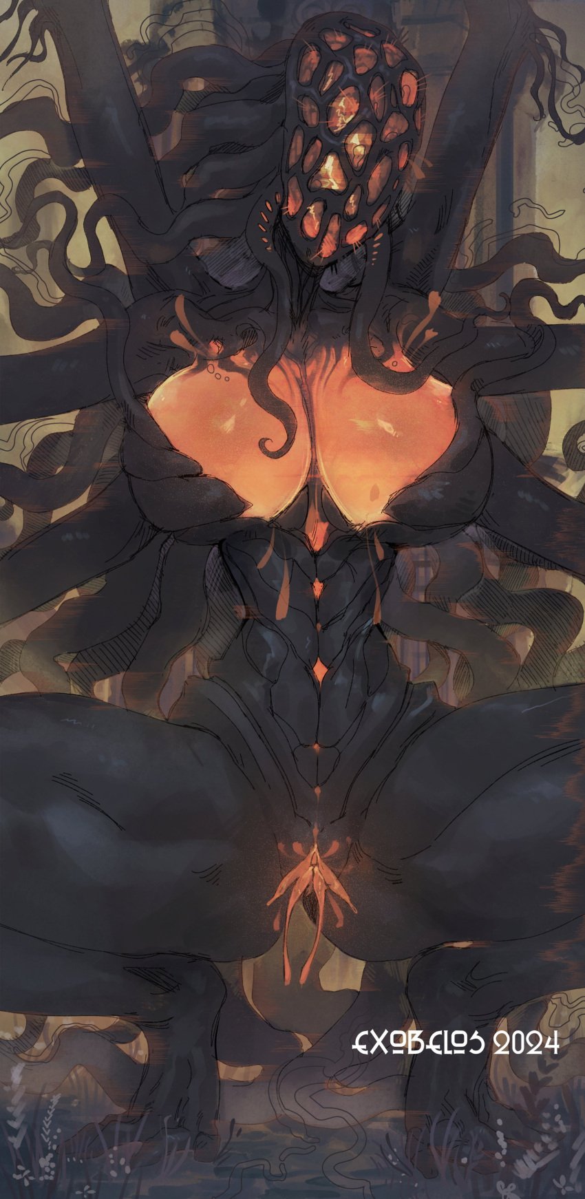 amygdala_(bloodborne) arms_up big_breasts bloodborne exobelos monster monster_girl multiple_arms nightmare_waifu squatting what