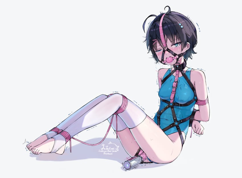 ahe_gao ahoge arms_behind_back ball_gag bare_shoulders black_hair blue_eyes blush bondage bondage bondage bound bound_arms bound_legs breasts collar competition_swimsuit covered_navel covered_nipples crying crying_with_eyes_open dildo female gag gag_harness gagged liclac object_insertion one-piece_swimsuit one_eye_closed original restrained saliva_drip sex_toy shibari_over_clothes short_hair sitting skindentation small_breasts stirrup_legwear swimsuit tears toeless_legwear vaginal_object_insertion vaginal_penetration vibrator