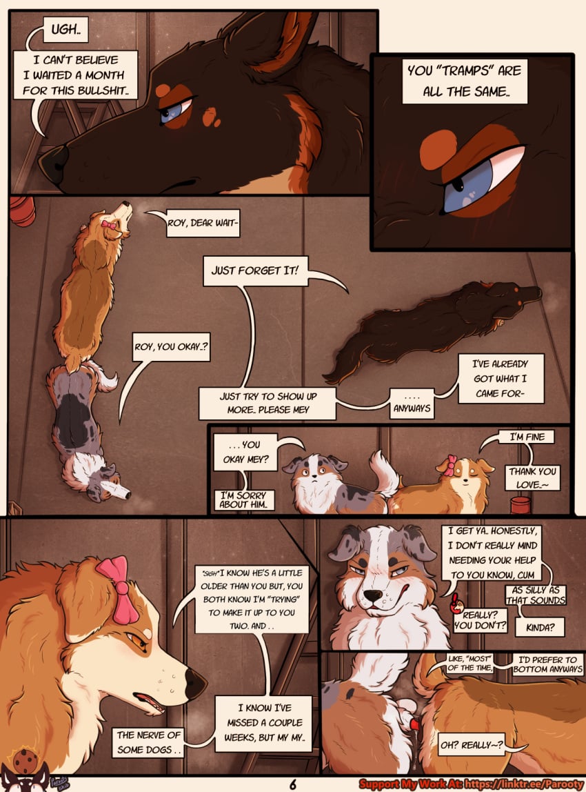 angry animal_genitalia animal_penis animal_pussy ass_to_ass australian_shepherd barrel bird's-eye_view blush blush_lines bodily_fluids breath canid canine canine_genitalia canine_penis canine_pussy canis close-up comic dialogue domestic_dog dust english_text female feral feral_on_feral feral_penetrated genital_fluids genitals german_shepherd group herding_dog hi_res high-angle_view knot knotting ladder light male male/female mammal mey_(parooty) musk musk_clouds parooty pastoral_dog penetration penis pussy rocky_(parooty) roy_(parooty) sheepdog side_view storage_room talking_feral text trio venting walking_away