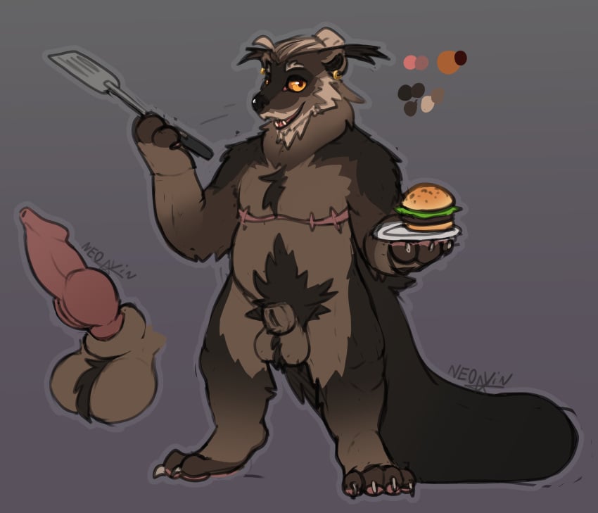 anthro big_tail binturong brown_body brown_fur chest_tuft cooking ear_piercing ear_tuft facial_hair fur furry genitals hair hair_bun hi_res knot knotted_penis male mammal mastectomy_scar natural_colors neck_tuft neo_yin penis piercing pubes scar solo solo_focus tail tuft viverrid