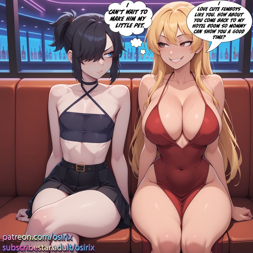 2025 ai ai_art ai_generated black_hair blake_(osirix) blonde_female blonde_hair blonde_hair blonde_hair_female blue_eyes cleavage color colored comic comic_page femboy hair_over_one_eye oc original original_character original_characters osirix pale_skin red_dress sarah_(osirix) self_upload speech speech_bubble speech_bubbles stable_diffusion text text_bubble thought thought_bubble thought_bubbles thoughts