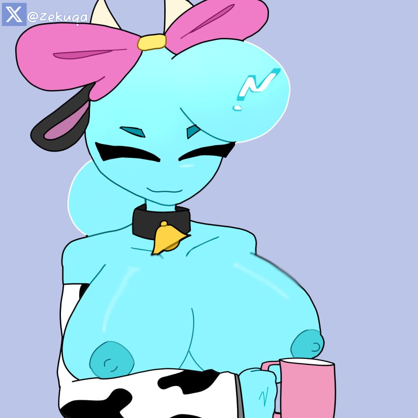1girls big_breasts blue_hair blue_nipples blue_skin blue_skinned_female breasts bubble closed_eyes cow_bell cow_print cowgirl cowgirl_position cup dandy's_world female female_only half_naked itz_zekex_(artist) lazy_art pink_bow poppy_(dandy's_world) roblox roblox_game sketch smile tagme unfinished